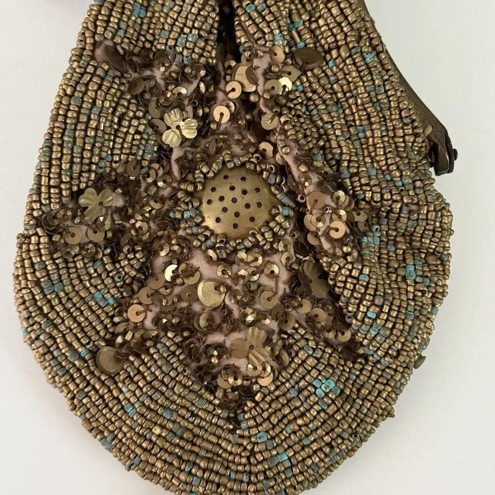 Antique 1920s Glass Beaded Victorian Flapper Purse Ornate Metal Frame W/ Mirror